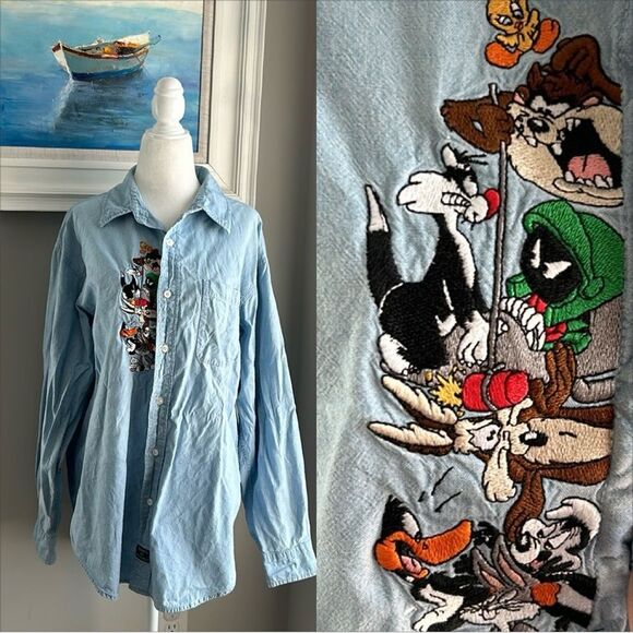 Vintage 90s Warner Brothers Longsleeve Looney Tunes Denim Buttonup Top Medium - Picture 1 of 11